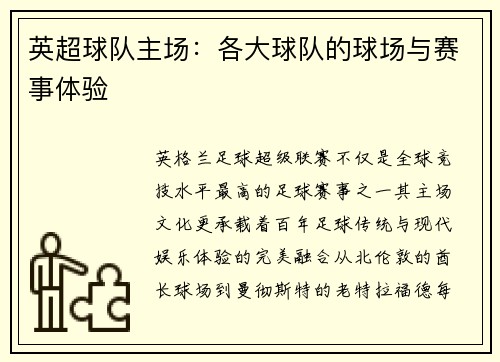 英超球队主场：各大球队的球场与赛事体验